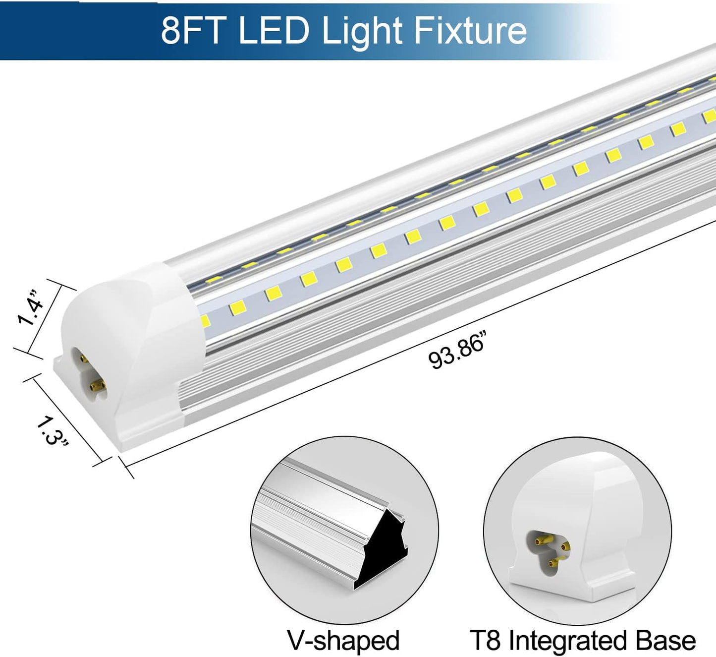 20Pack 8Ft LED Shop Light Fixture,90W 10000 Lumens 5000K Daylight White, Clear Cover,V Shape T8 Integrated 8 Foot Led Tube Light for Cooler,Garage,Warehouse